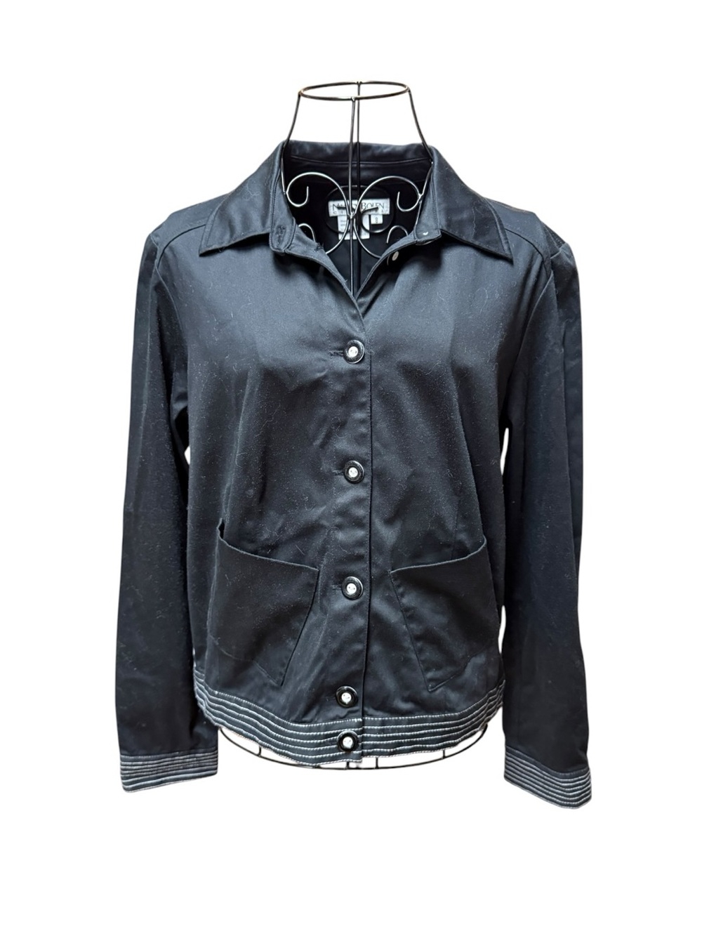 Nancy Bolen Black Jacket with Button Front Contrast Trim Sleeve Stripe sz8